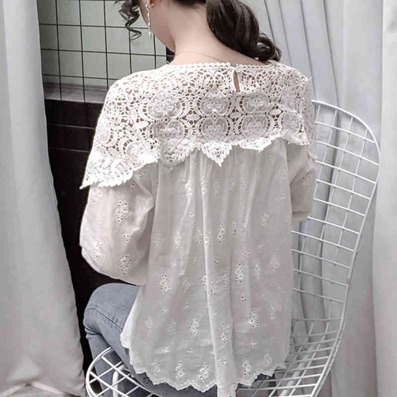 Cotton White Shirts For Women Vintage Embroidery Hollow Out Lace Shirt Tops Female Loose Office Casual Blouses Blusas 13293 210508