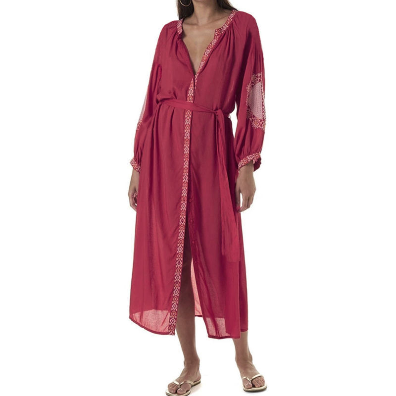 Red Bohemian Embroidered Front Open Summer Beach Dress Long Cotton Tunic Women Plus Size Beachwear Swimsuit Cover Up Q1010 210420