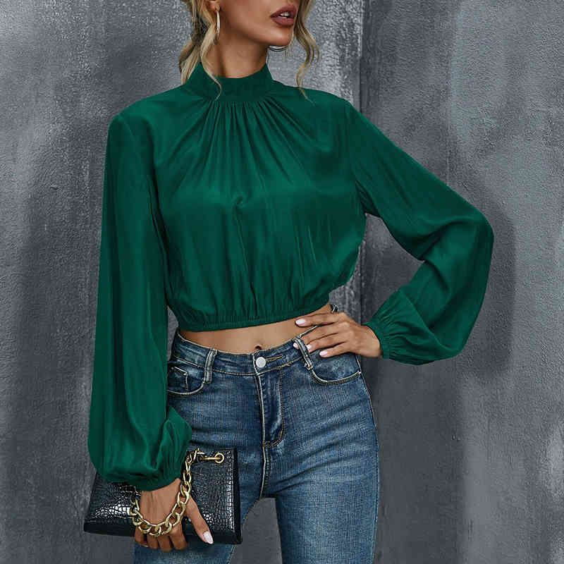 Foridol Spring Autumn Ladies Blouse Shirts Women Clothing Long Sleeve Green Crop Tops Turtleneck Office Elegant Tops 210415