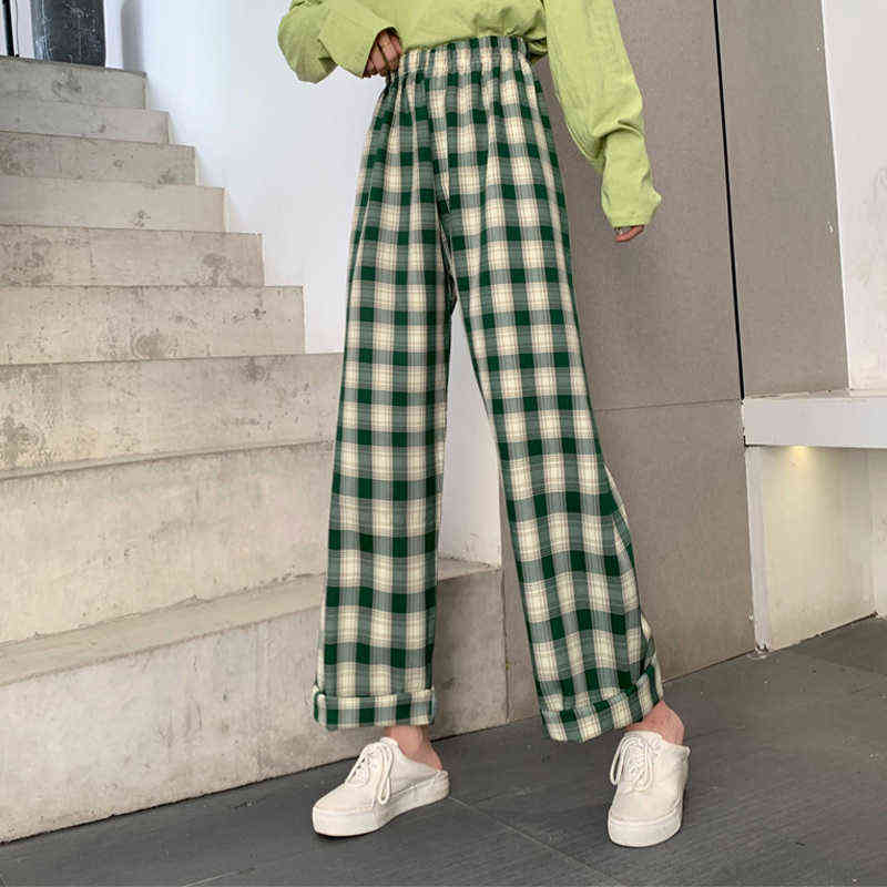 INS Baggy Blue Pants Lady Oversized Wide Leg Plaid Slacks Harem Student Autumn Purple Pink Long Flare Trousers 211115