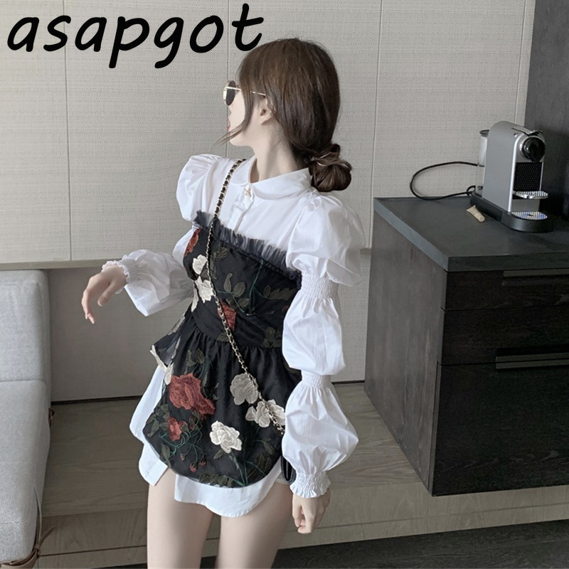 White Puff Long Sleeve Turn Down Collar Shirt Dress Short Sleeveless Irregular Flower Embroidery Mesh Top Strapless Patchwork 210429