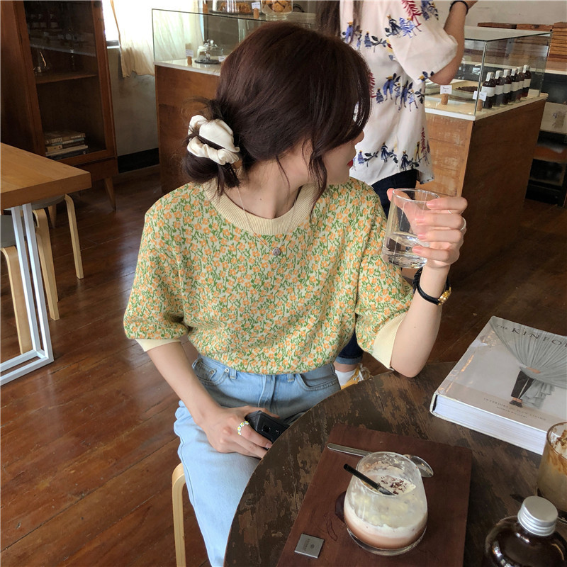 Knitted T Shirt Women Floral Korean Elegant All Match Ropa Mujer Summer Tops Fashion T-shirt Ladies 16910 210415