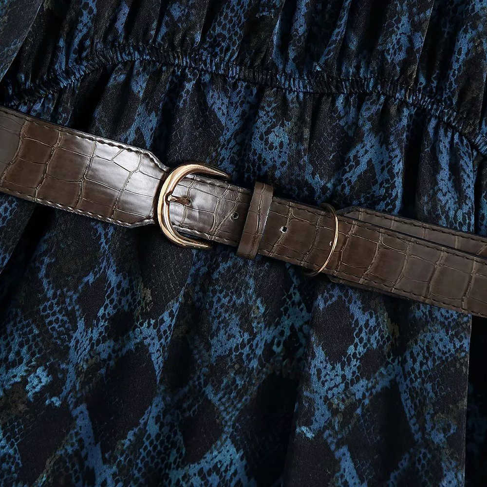 Women Dress With Belted Printed Long Sleeves Ruffled V-neck Midi Dress Vintage Elegant Chic Long Woman Dress 210709