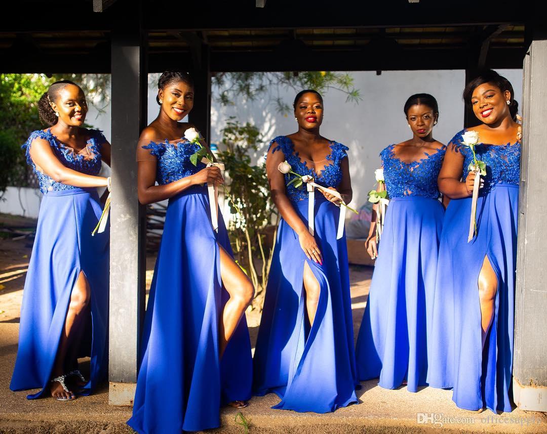 African Summer Royal Blue Chiffon Lace Bridesmaid Dresses A Line Cap Sleeve Split Long Maid of Honor Gowns Plus Size Custom Made DWJ0126 2024