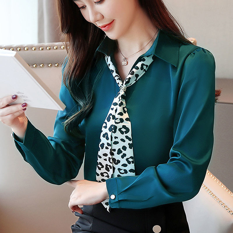 Blusas Mujer De Moda Spring Long Sleeve Chiffon Spliced Leopard V-Neck White Blouse Women Solid Shirts Ladies Tops 8354 50 210510