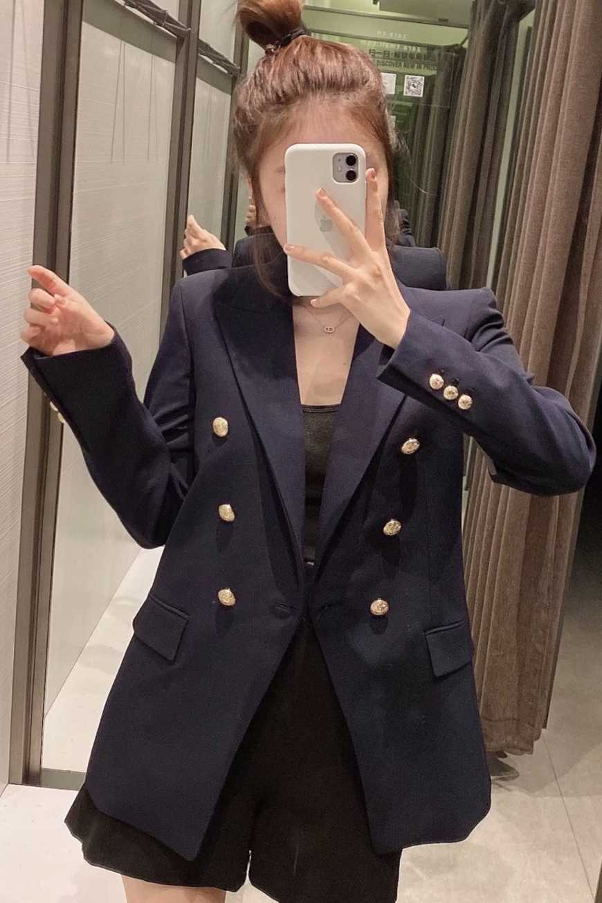 Style Women's Metal Button Casual Solid Double Breasted Full Suit Jacket Blazer Women 210615