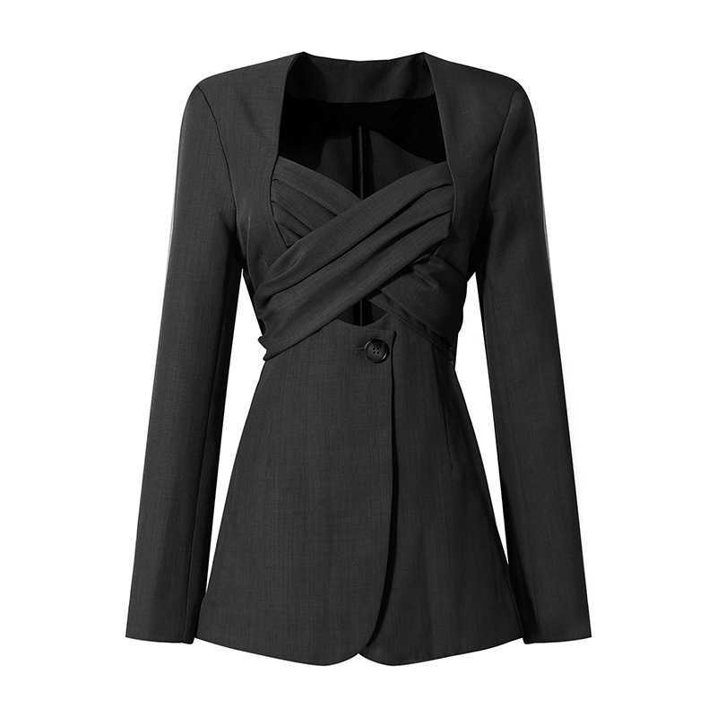DEAT Fit autumn Fashion Casual Long Sleeve Solid Simple Bow Tie Strap Slim Medium Length Blazer Coat Women SH043 210930