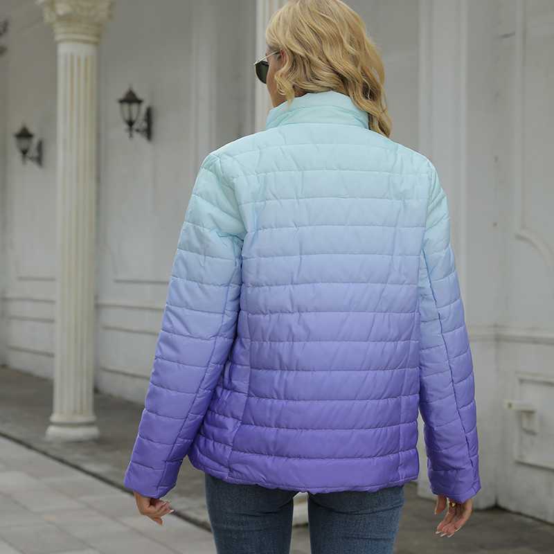 Fashion Women Winter Zipper Jacket Casual Slim Warm Padded Coat Elegant Long Sleeve White Gradient Streetwear Jackets 211013