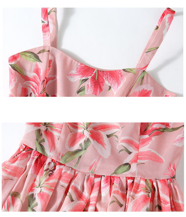 summer sundress for women vintage sweet young pink lily flower printed spaghetti strap A-line party beach dress plus size 210421