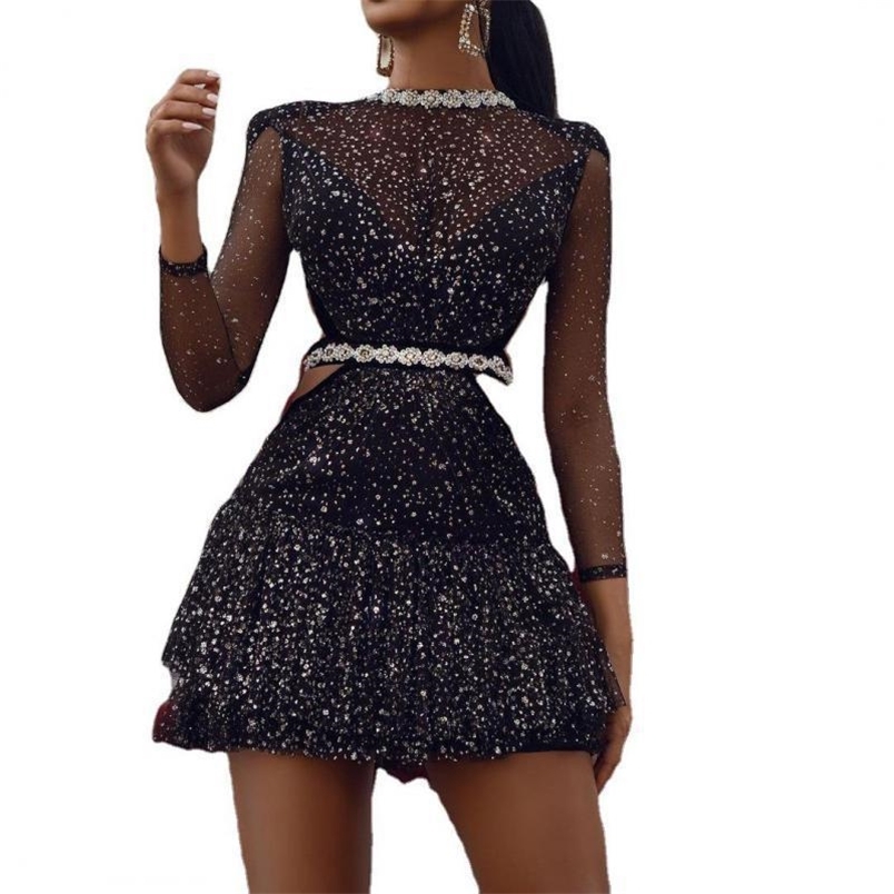 Women Dress Diamonds Hollow Out Sexy es Woman Party Night Temperament Black Mini es Plus Size Summer 210513