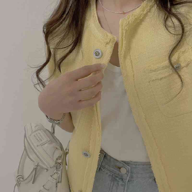 Summer Women Small Fragrance Tweed Short Sleeve Outerwear Chic Single Breasted Korean Casual Jacket Coat Female 210518