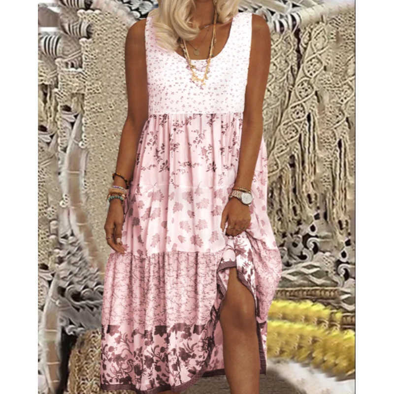 Women's Summer Sling Solid Color Dress U-neck Pink Cotton Loose Casual Mid-length Strawberry Vestido De Mujer 210623