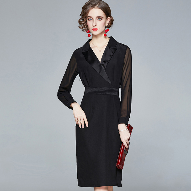 Autumn and winter Elegant Dress Black Long Sleeve Tailored collar Temperament Commute Women Slim Pencil skirt 210506