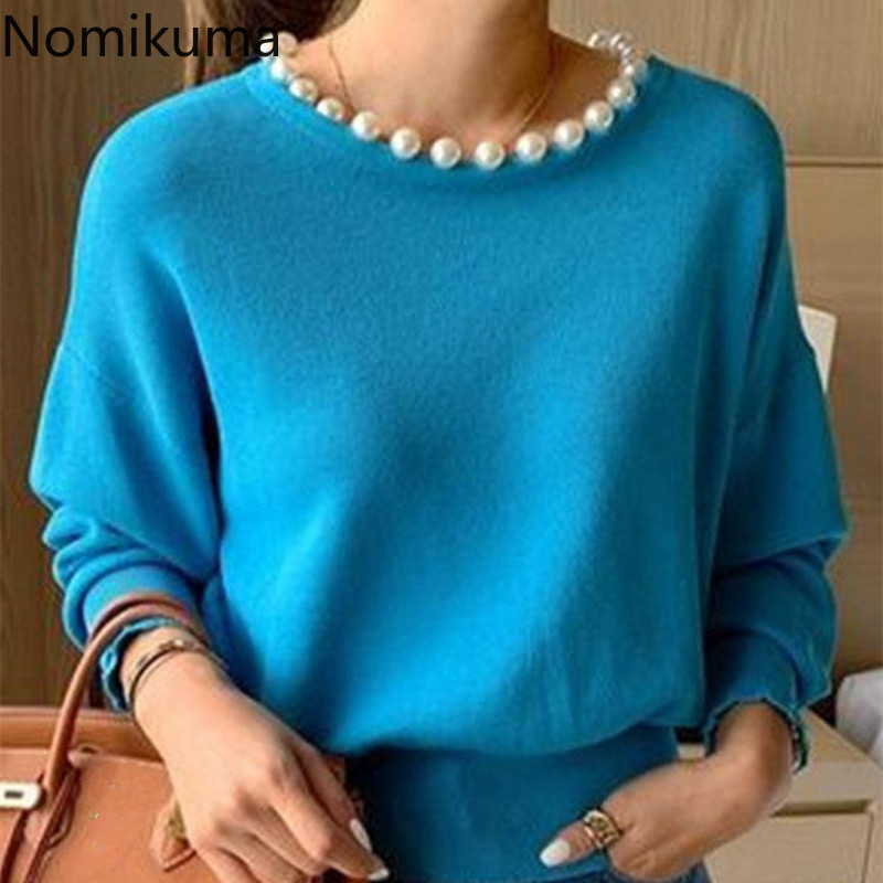 Nomikuma Spring New Women Pullover Sweater Korean Beads O-neck Long Sleeve Knitted Tops Solid Slim Causal Pull Femme 6E992 210427