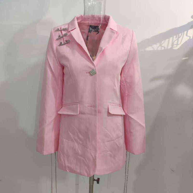 DEAT Notched Collar Pink Color Full Sleeves Single Breasted Spliced Metal Buttons High Waist Blazer Female Top WP95111L 211122