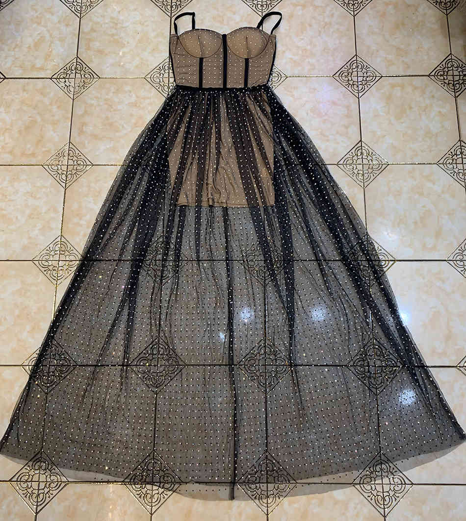 Free Women Summer Mesh Bandage Dress Sexy Spaghetti Strap Sleeveless Backless Shiny Diamond Club Party 210524