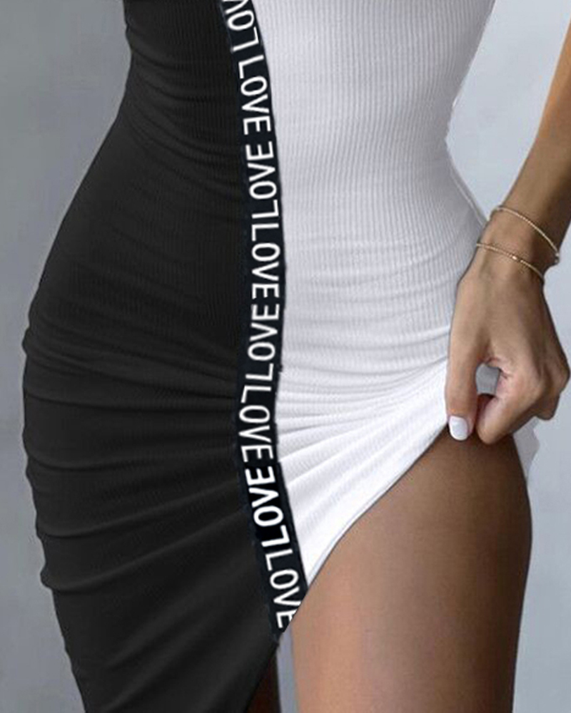 Summer Women Patchwork Ribbed Tank Dress New Femme Letter Print Slit Mini Skinny Dress Office Lady Outfits Vestidos 210415