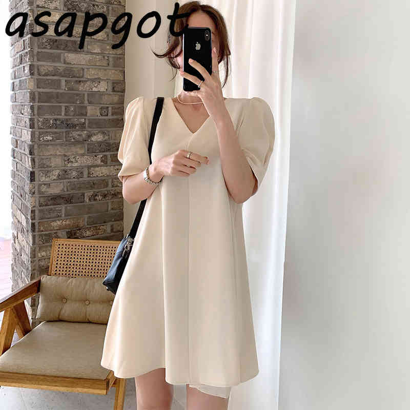 Dresses Women's Clothing Chic Korean V Neck Puff Short Sleeve Minimalism Temperament Loose Dress Women Mini Solid Retro Summer 210429