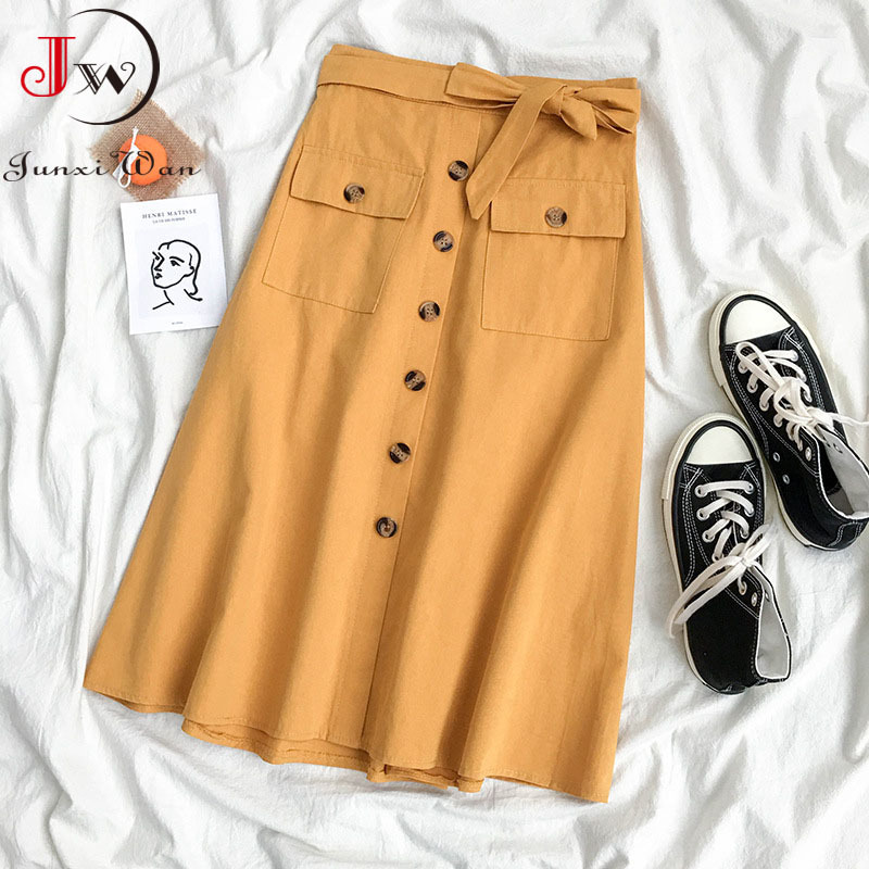 Women Elegant High Waist Midi Skirt Spring And Summer Casual Single-Breasted Solid Black White Bowknot Belt Office A-Line 210510