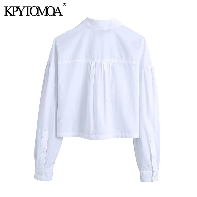Women Fashion With Pockets Cropped White Blouses Lantern Sleeve Button-up Female Shirts Blusas Chic Tops 210420