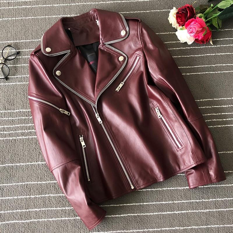 Leather Autumn Genuine Motorcycle Short Jacket Women Fashion Wine Red Sheepskin Coat Streetwear Turn Collar Vintage Punk Jackets Women's & F
