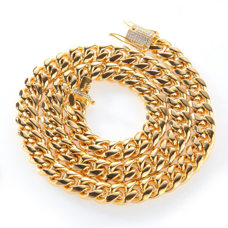 18k Gold Plated Tone Stainless Steel Mens Necklace Chains Curb Cuban Link Chain with Diamond Iced Out Keylock Buckle Hip Hop Fashi