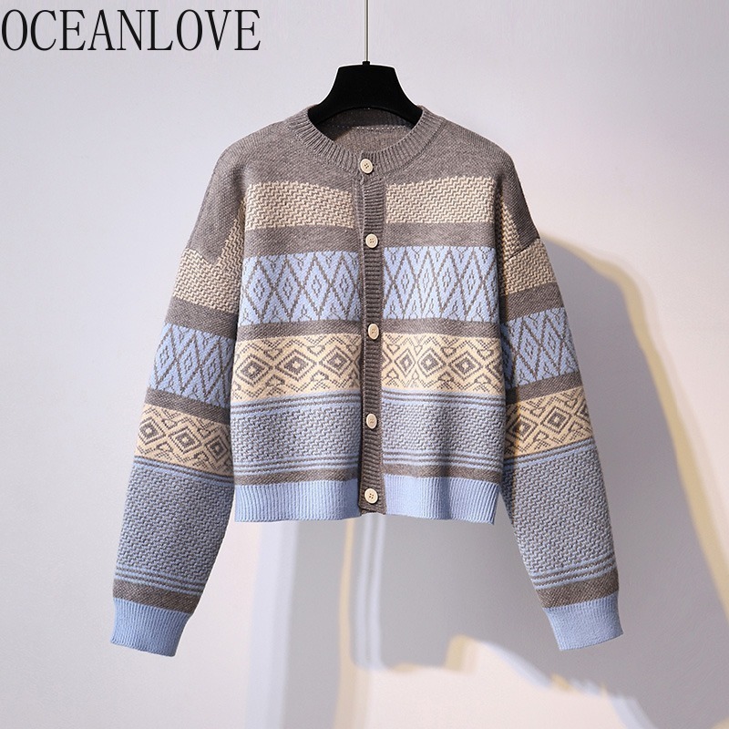 Autumn Winter Clothes Women Sweaters Print Vintage Warm Short Cardigans Korean Style Loose Mujer Sueter 17866 210415