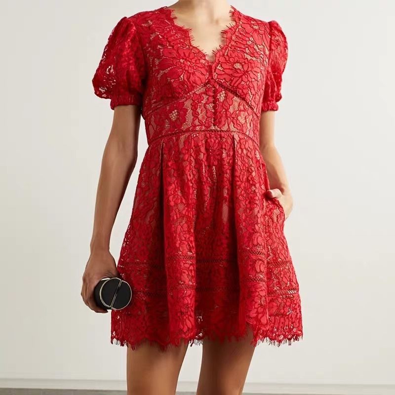 vintage party dress red Christmas mini dresses for women lace v-neck hollow out A-line summer holiday robe mujer vestidos 210421