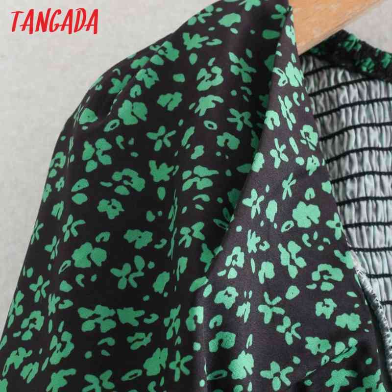 Women Green Floral Print Square Neck Long Sleeve Ladies Mini Dress Vestidos XN314 210416