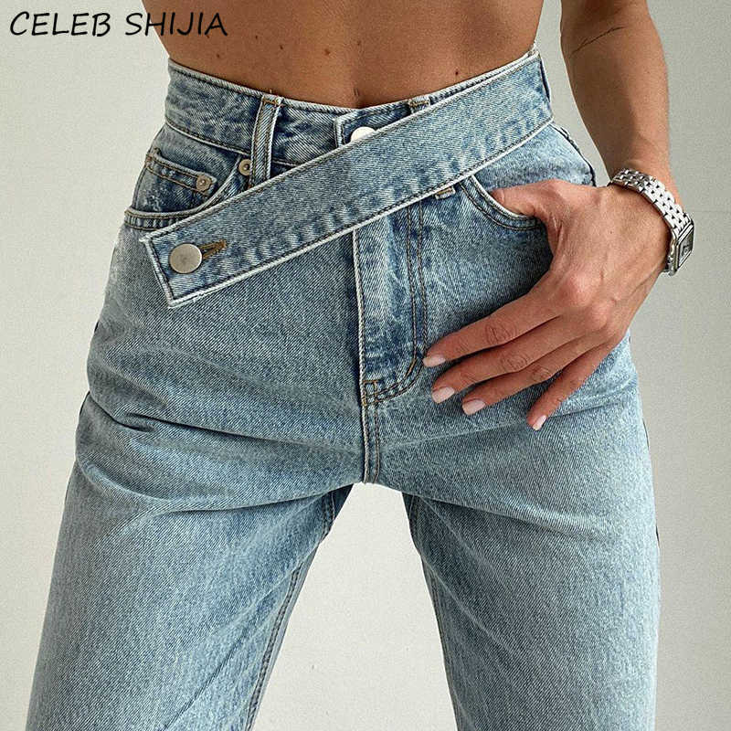 Vintage High Waist Denim Jeans Woman Inclined Belt Light Blue Straight Leg Pants Female Streetwear Chic Y2k for Mom 210809