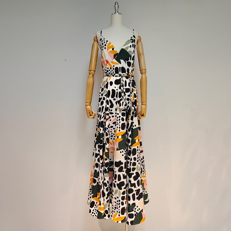 VGH Print Sling Dress For Women V Neck Sleeveless High Waist sashes slim Hit Color Summer Casual Dresses Female Fashion 210421