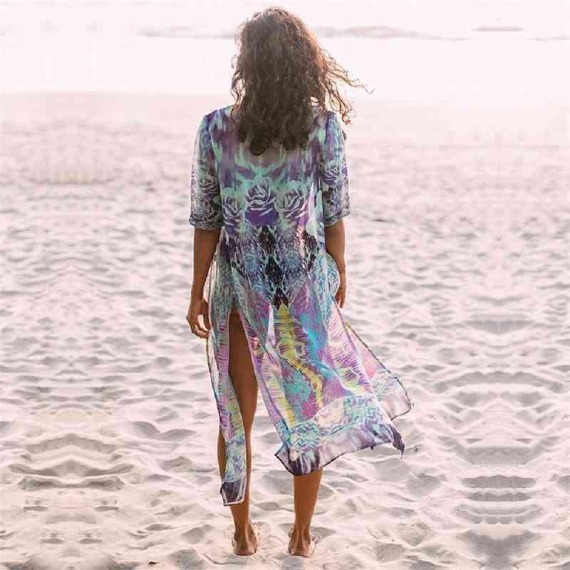 Chiffon Beach Cover up Tunics for Print Bikini Saida Praia wear Pareo Swimsuit #Q550 210420