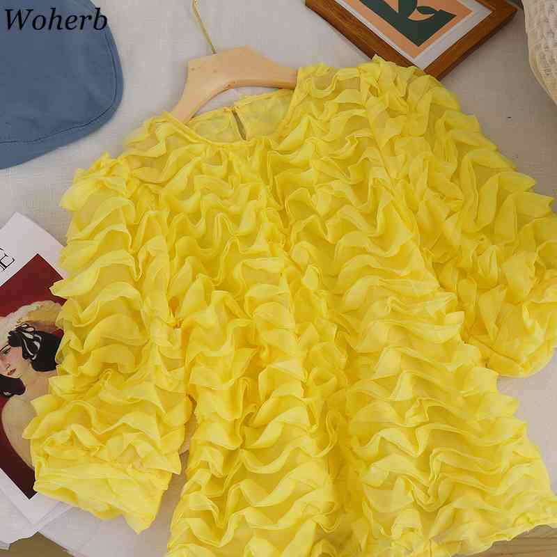 Short Bubble Sleeve Chiffon Lace Tops Women's Crew Neck Pleated Ruffle Slim Solid Color Elegant Shirts and Blouse Summer 210519