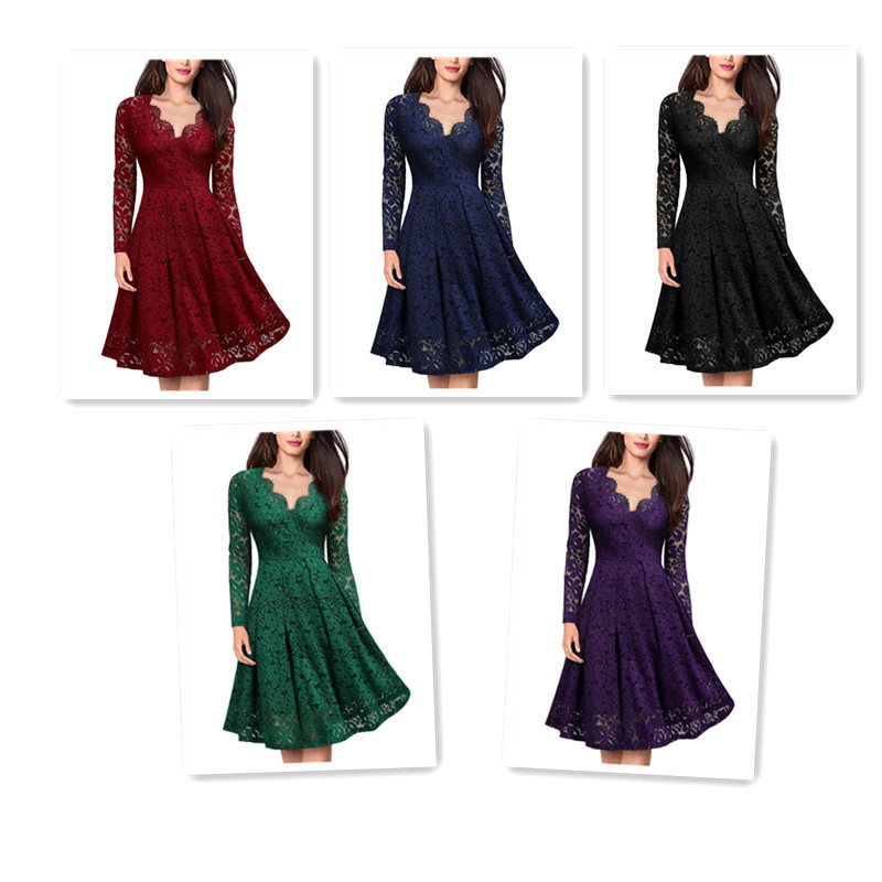 Women Dresses V-Neck Off Shoulder Lace Evening Party Dress Long Sleeve Dress Spring Autumn Vestido Invierno Mujer 210409