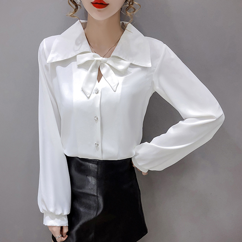 QOERLIN Elegant OL Tops Shirt Women Work Shirts Long Sleeve Bowtie Blouse Single Breasted Women Black Blusas Feminina Plus Size 210412