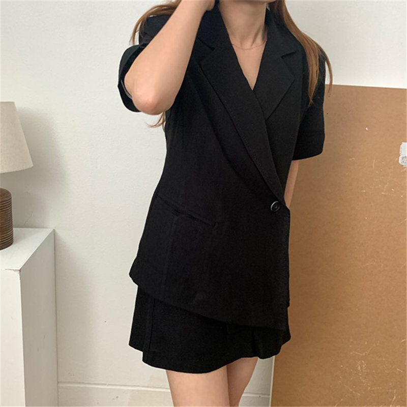 Chic Stylish Summer Femme Solid Loose Blazers+ Streetwear Casual Thin All Match Wide Leg Shorts Suits 2 Piece Sets 210421
