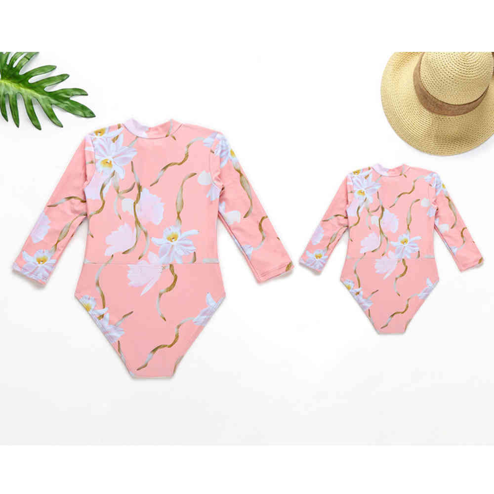 Mother Daughter Swimsuits Print Swimsuit Mommy And Me Swimwear Long Sleeve Bathing Suit Matching Outfit 210521