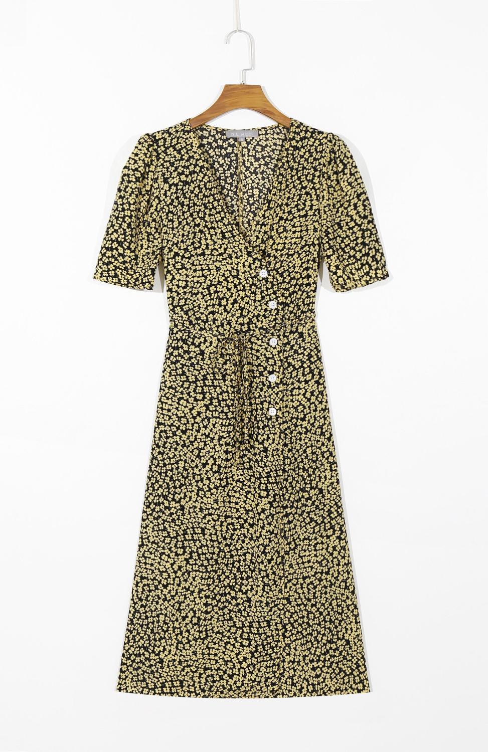 French Cross V neck Floral Print Buttons Lace up Dress Retro Woman Short sleeve Front Slit Mid-calf Slim Fit Summer Tea Dresses 210429