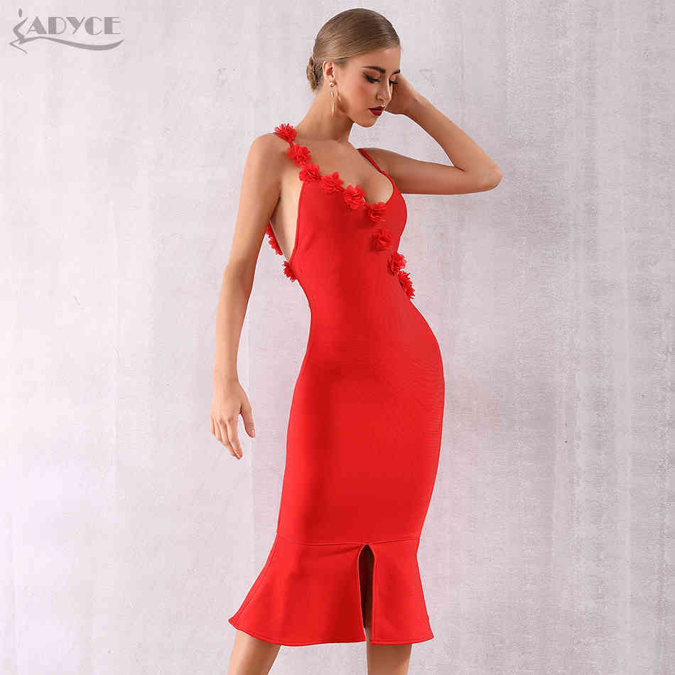 Summer Red Bodycon Bandage Dress Women Sexy Spaghetti Strap Floral Mermaid Club Celebrity Party es Vestidos 210423