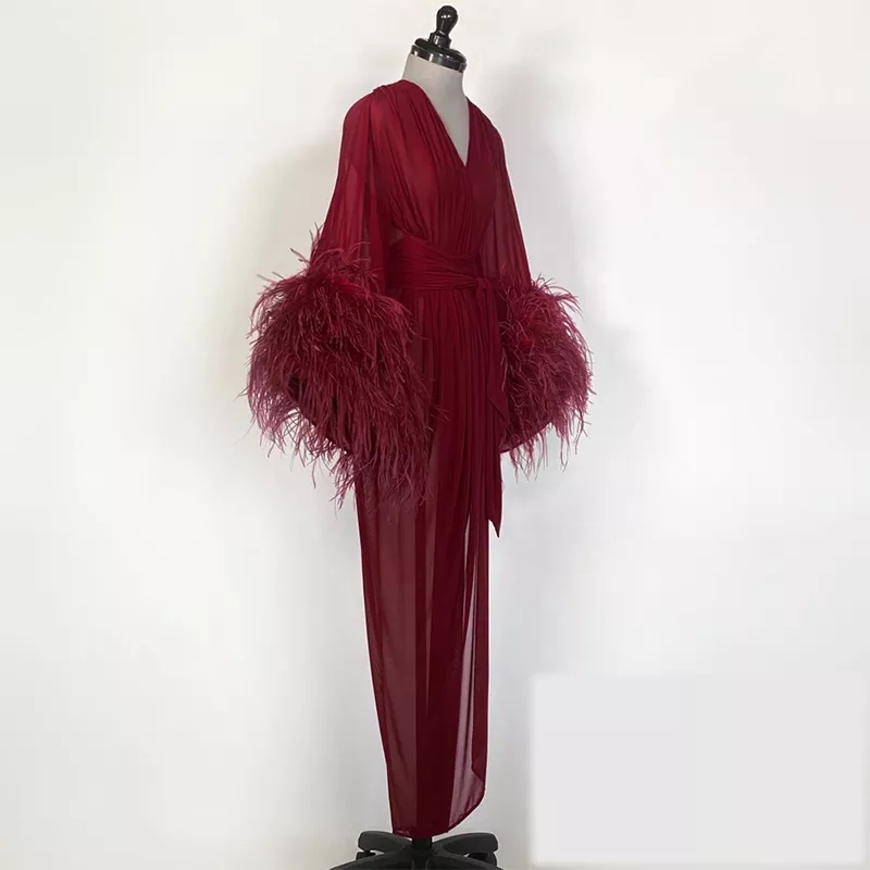 Burgundy Kinono Sleepwear Gowns Prom Dresses Luxury Feather Maternity Robes Women Photoshoot Bathrobe Fluffy Party Custom Made