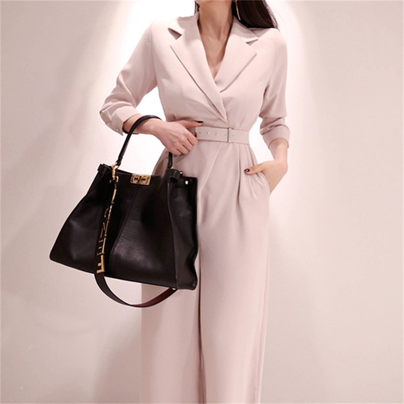 Spring Women Fashion Elegant Office OL Workwear Casual Jumpsuits Long Sleeve Wide Leg Romper With Belt 210519