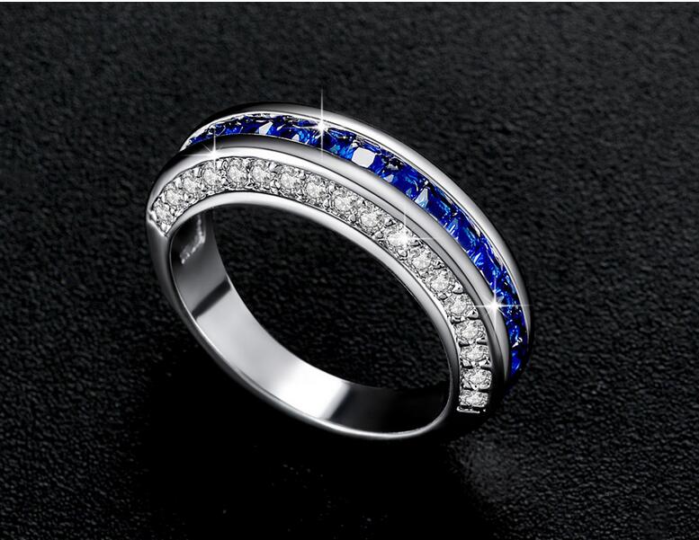 4 Style Women's Fashion Jewelry Wedding Ring 10KT White Gold Fill Princess Cut Blue Sapphire CZ Diamond Gemstones Party Promise Female Engagement