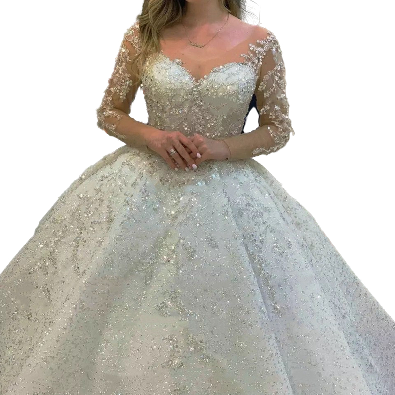 Glitter Sequins Long Sleeve Wedding Dress Crystals Beaded Luxury Ball Gown Wedding Gowns V-Neck Chapel Bridal Dresses Custom Made Robe De Mariee