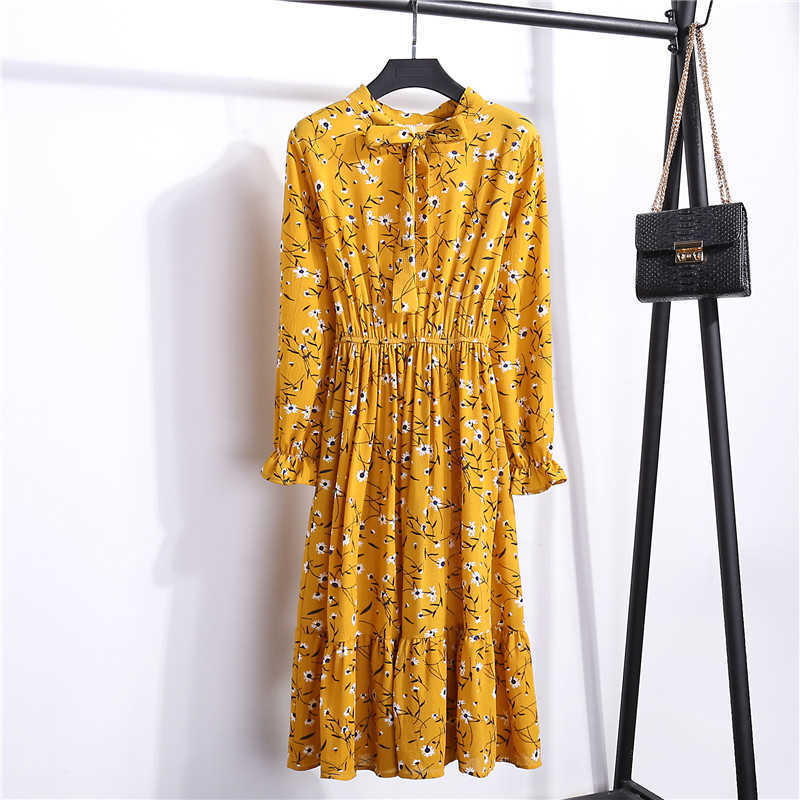 Floral Print Women Dress Female Autumn Long Sleeve Vintage Chiffon Bow Tie Neck Office Lady Shirt Dress Summer Vestidos 210630