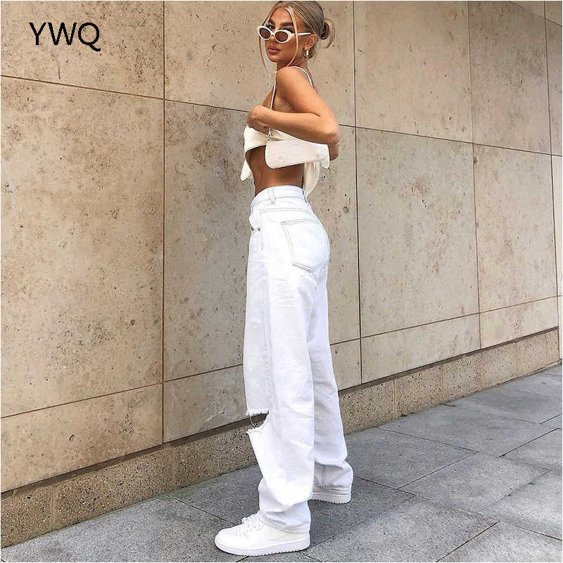 Mid Waist Boyfriend Fashion Loose Destroyed Women's Classic Hole Baggy Jeans White Vintage Pants Wide Leg Trousers 210922