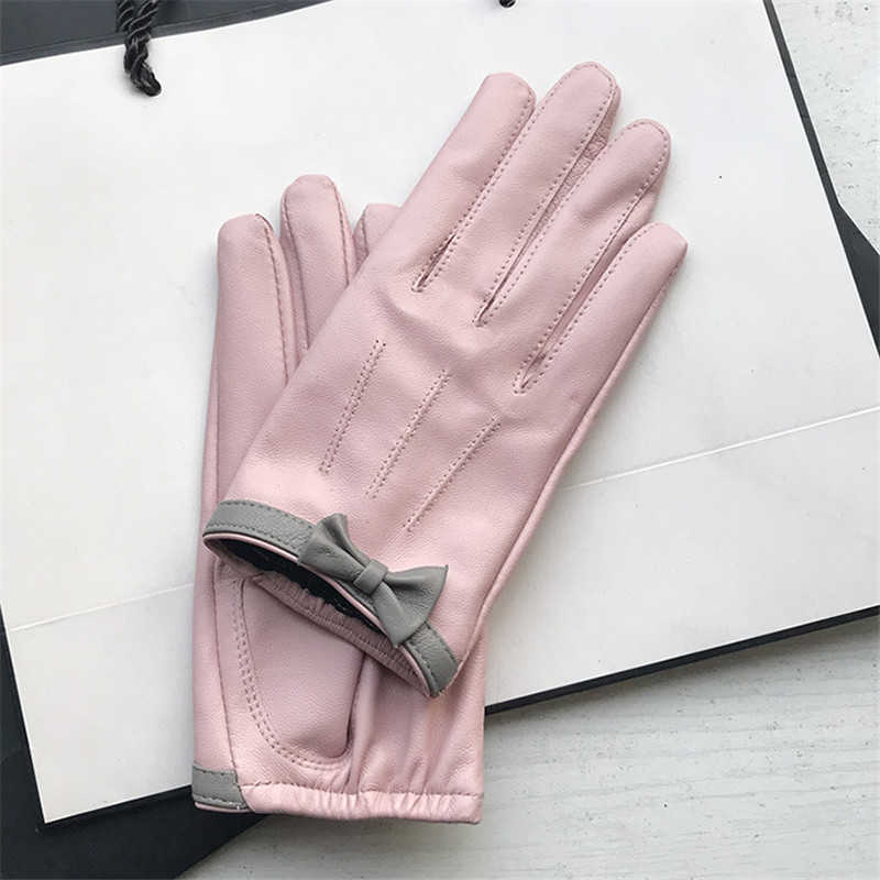 Women's short design sheepskin gloves genuine leather gloves Bow design pink motorcycle glove H1022