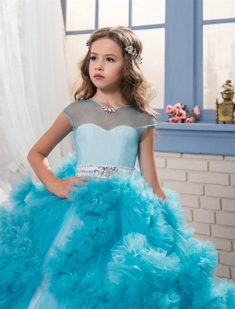 pink blue Girls Pageant Dresses Layer Champagne Ruffles Cute Flower Girl Dresses Spaghetti Strap Toddler Prom Dress Lace Ball Gown Wedding Dresses