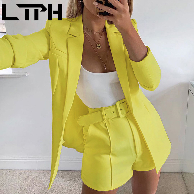 Women Sets Autumn long sleeve cardigan Blazer shorts solid two-piece Lady Casual Short Suits Clearance 210427