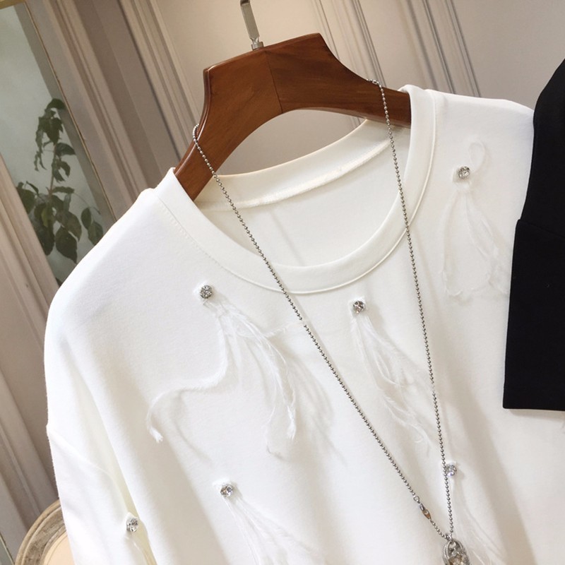 TWOTWINSTYLE Patchwork Diamond Feather Dress For Women O Neck Short Sleeve Casual Loose Dresses Female Fashion Summer Clothes 210517