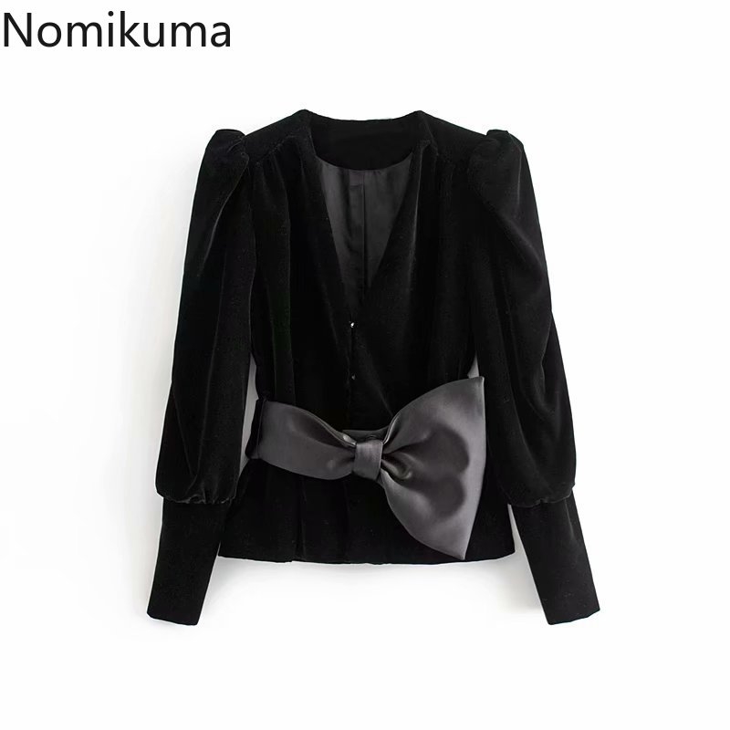 Nomikuma Elegant Velour Women Coat Autumn Winter Slim Jacket Korean Sweet Bowknot Puff Long Sleeve V-neck Outwear 6C917 210427